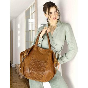 MARCO MAZZINI Karamelová kožená shopper bag s pletenou vsadkou (VS1b) Velikost: ONE SIZE