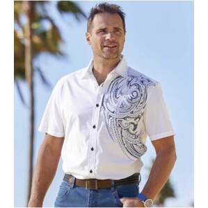 Bílá popelínová košile s potiskem polynéských motivů